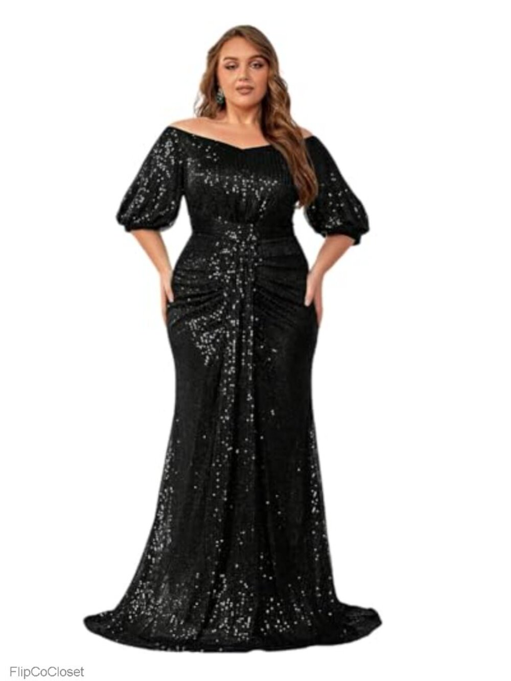 Women's Plus Size Off Shoulder Sequin Formal Maxi Dress Puff Sleeve Party Gown